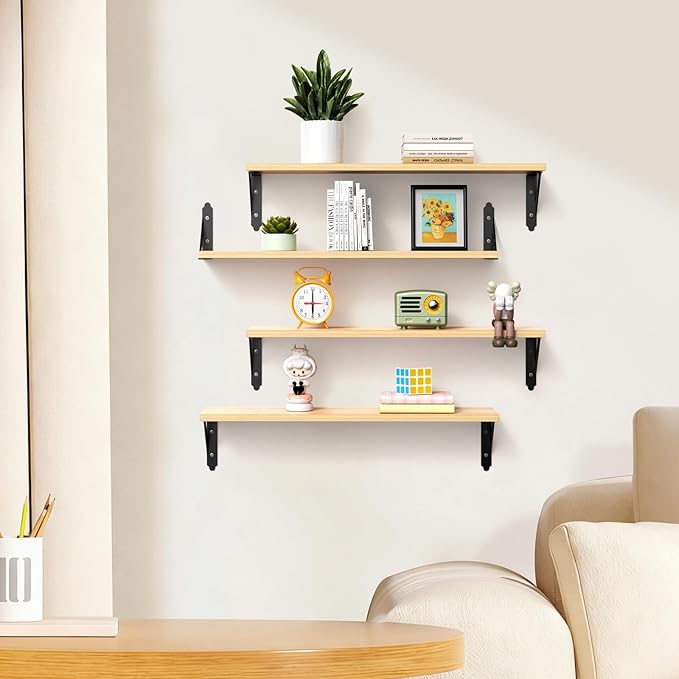 ROMGUAR CRAFT Wood Floating Shelves Set of 4, Rustic Storage Decor Wall Shelves, Wall Mounted Shelf for Living Room, Bedroom 23.6" x 6", Natural