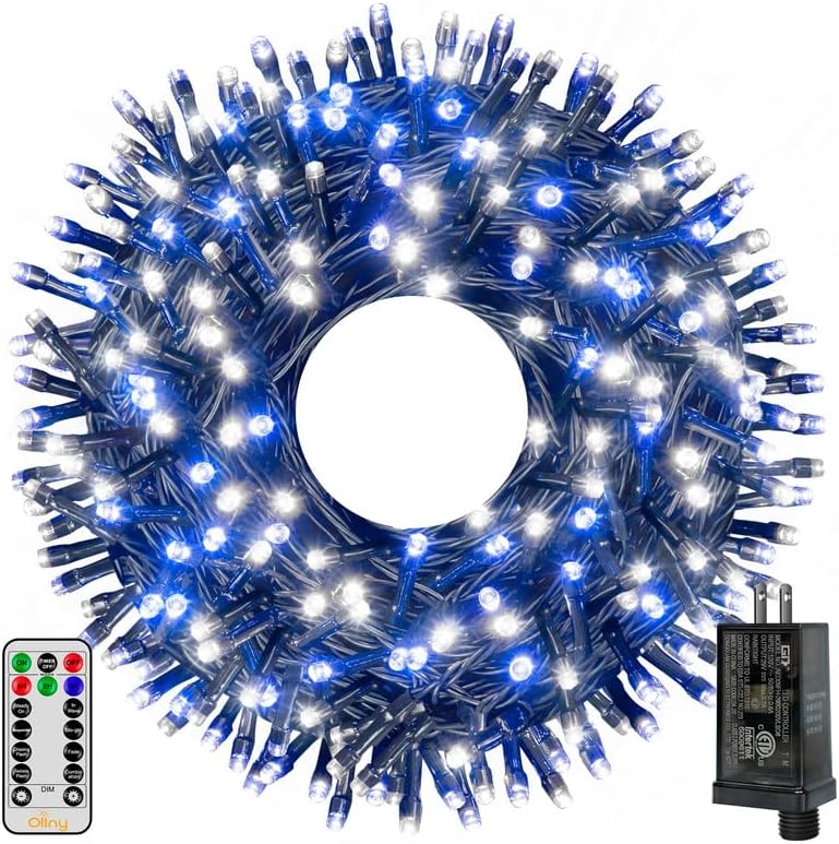 Ollny Christmas Lights, 500LED 164FT Long Christmas Tree Lights with 8 Modes Remote Timer IP44 Waterproof, Outdoor Christmas Lights for Tree House Yard Outside Xmas Decorations (Blue+White)