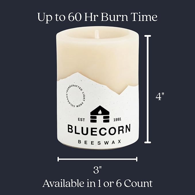 Bluecorn Beeswax Pillar Candles, Ivory White, 3x4, 6 Pack | 100% pure Beeswax, Non Toxic, Unscented, Clean Burning, Cotton Wick, Dripless