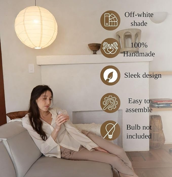 Nogy Japanese Style Lantern Pendant Light - Off White Round Handmade Rice Paper Lamp Shade with Cord Kit (Hardwired, 23.5 in)