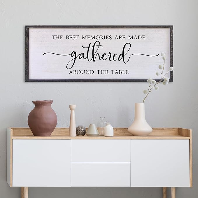 The Best Memories Are Made Gathered Around The Table Wall Decor 40"x15" Large Rustic Farmhouse Dining Room Wood Framed Modren Signs Kitchen Home Simple Hanging Wall Art (Black)