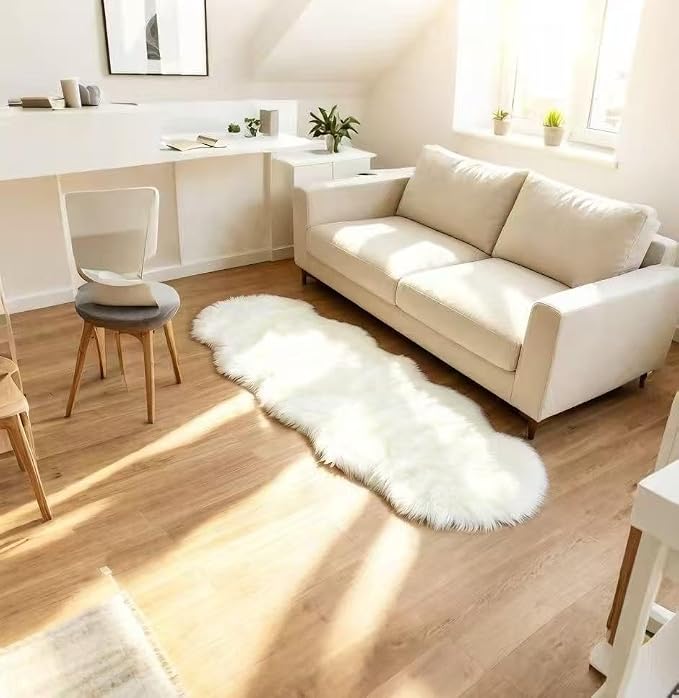 Faux Fur Sheepskin Runner Rug White 2x6 ft Ultra Soft Shaggy Plush Fluffy Fuzzy Area Carpet Decorative Chair Cover Floor Mat for Bedroom Sofa Living Room Bedside