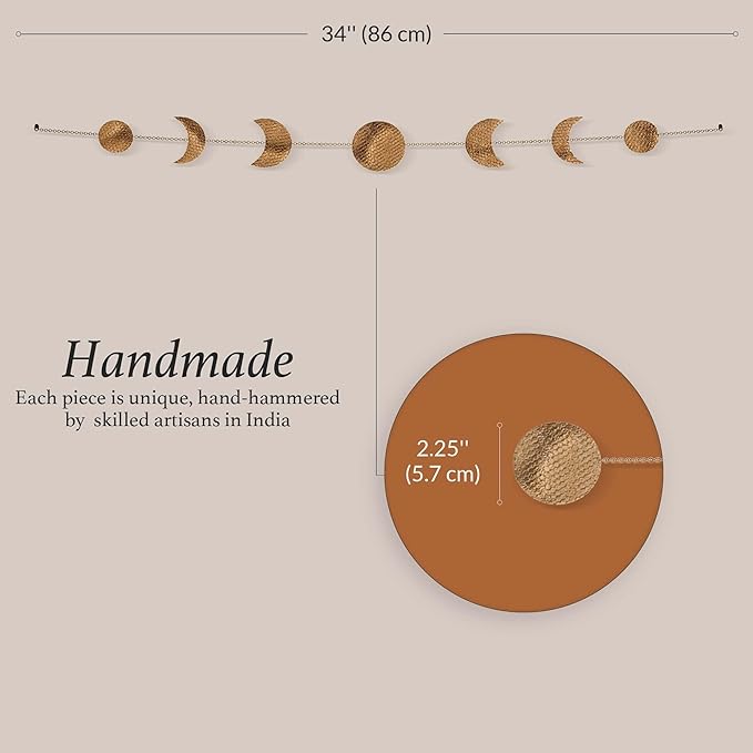 BASE ROOTS Moon Phase Wall Decor, Gold Wall Decor for Bedroom & Living Room, Bohemian Wall Decor, Handmade Hammered Metal 34" 7 Phases Moon Wall Decor, Celestial Wall Art, Gift for Women & Kids