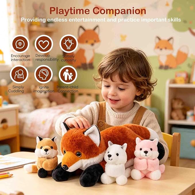 4 in 1 Fox Stuffed Animal Plush, 19" Large Mommy Stuffed Red Fox Toy with 3 Baby Stuffed Foxes Inside, Huggable Fox Plushies Pillow Gifts for Kids Christmas Birthday Party Favor