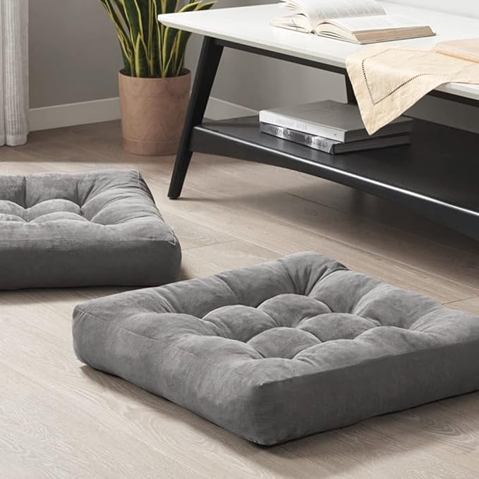 Meditation Floor Pillow Set of 2, Square Large Pillows Seating for Adults, Tufted Corduroy Cushion for Reading Corner, Dorm Room and Living Room, Grey, 22x22 Inch