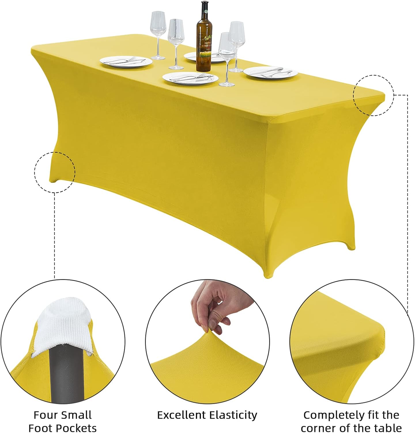 CWK 6FT Waterproof Stretch Spandex Table Cover for Rectangular Tables - Elastic Fitted Tablecloth for Folding Tables,Wrinkle Resistant Table Cloth for Parties, Weddings, Banquets & Events (Yellow)