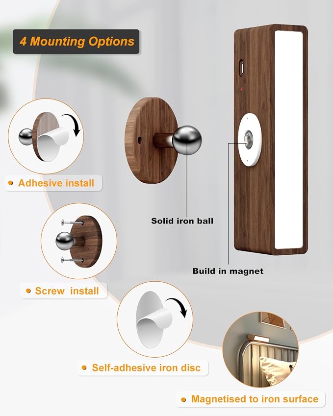 DetarZinLED Wooden Wall Sconce Battery Operated with Remote,Rechargeable Wall Lights for Bedroom with 3 Color Temperature, Magnetic, Stick-On, Dimmable Wall Reading Lights (Walnutwood, 2 Pack)