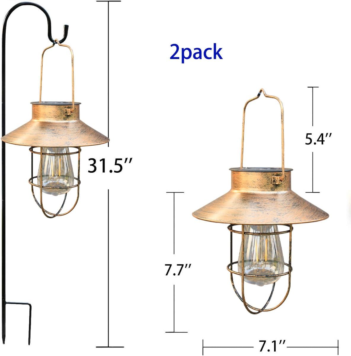 2 Pack Solar Lanterns, Outdoor Hanging Lights Metal with Shepherd Hook Warm White Edison Bulb Design for Garden and Birthday Gifts for Mom Grandma Wife ( Copper)
