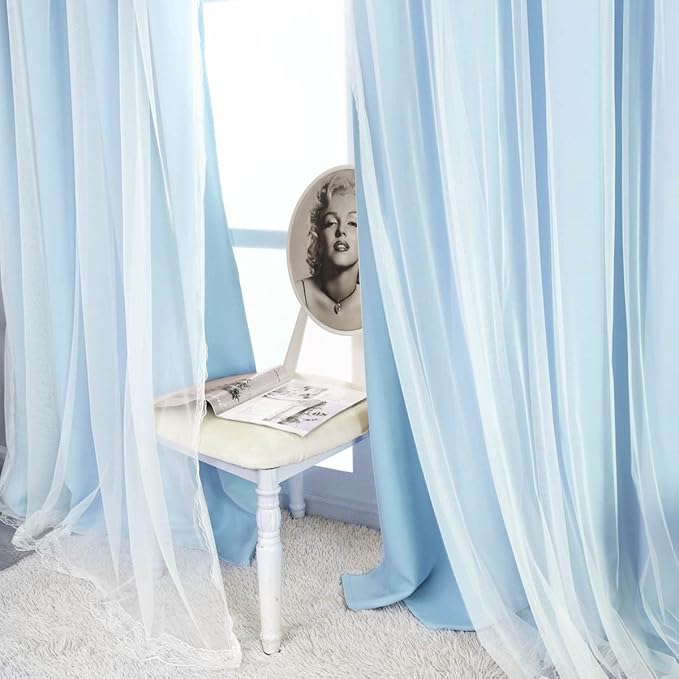 Extra Long Light Blue Blackout Double Layers Curtains Set, Mix & Match Elegance Blue with White Crushed Voile Drapes for Living Room with tie-backs, Nursery, Kids' room, Bedroom, 52'' x108''