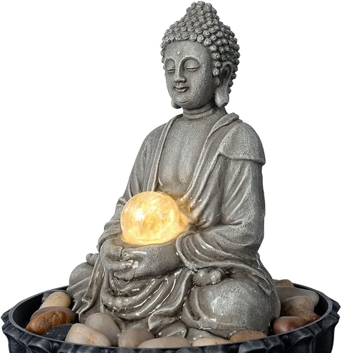 Kalona Tabletop Buddha Waterfall Fountain, Meditating Buddha Zen Fountain with LED Glass Orb, Relaxing Desk Water Feature for Home Office Decor(21127B)
