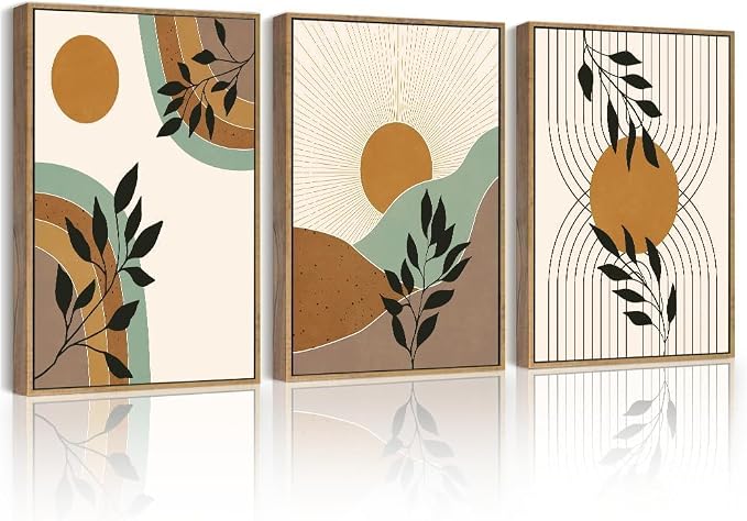 PHOPAGO Boho Abstract Wall Art Botanical Mid Century Modern Framed Wall Printing Neutral Geometric Prints Bohemain Sage Decor for Farmhouse Kitchen - 11x14in Natural Framed