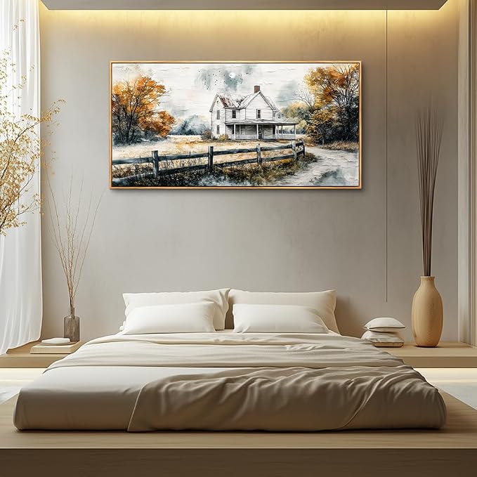 QIYILEXWART Wood Framed Canvas Wall Art For Living Room Large Wall Decor For Office Bedroom Decoration Farmhouse Watercolour Pictures White Hut Painting Artworks Room Ready To Hang