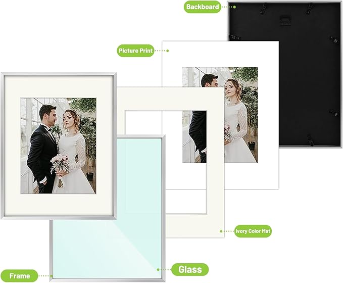 Golden State Art, Picture Frame Set 7 Pack, Gallery Wall Frame with One 11x14, Two 8x10, and Four 5x7. Aluminum Photos Frame for Wall or Tabletop Display (Style 1, Silver, 7 Pack)