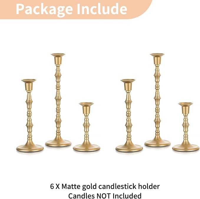Nuptio Gold Candle Holders for Candlestick: Set of 6 Tall Taper Candle Stick Holders for Fall Thanksgiving Christmas Living Room Fireplace Dinner Table Cafe Table Decor