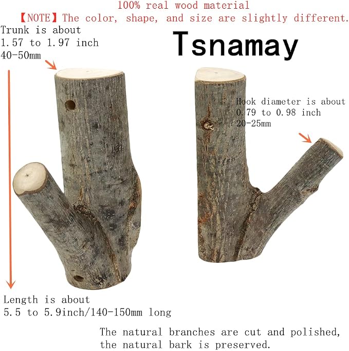 2Pcs Real Wood Tree Branch Wall Hook, Thickness 4cm-5cm with Screw | Farmhouse Rustic Decorative Wooden, with Bark Trunk