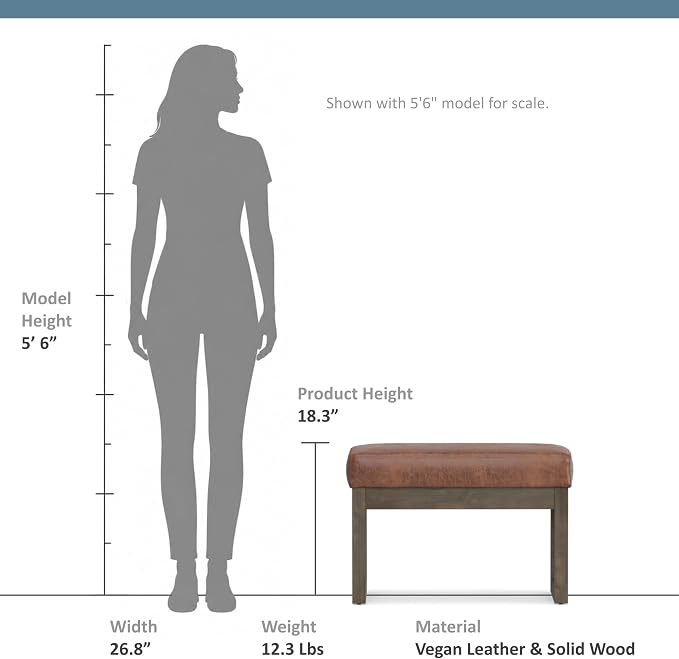 SIMPLIHOME Milltown Small Ottoman Bench - 27 inch Wide Upholstered Vegan Leather Rectangle Footstool Ottoman in Distressed Saddle Brown, Contemporary Bench for Bedroom with Cushioned Seat, Assembled