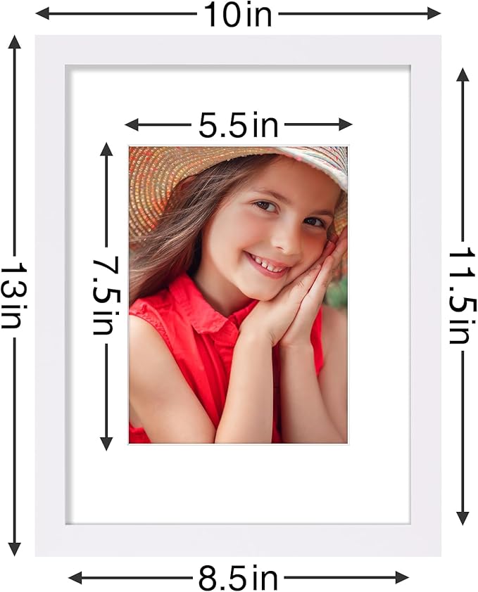 Vittanly 9x12 Picture Frames Set of 9, Shatter Resistant Plexiglass, Display 6x8 Pictures with Mat or 9x12 without Mat, Photo Frames for Wall or Tabletop, Engineered Wood, White