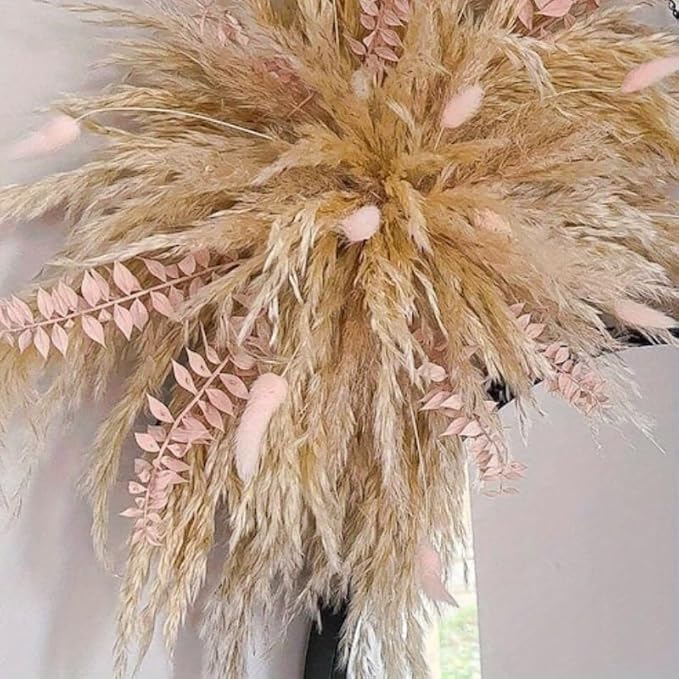 Natural Dried Flower Wall Hanging, 35 Inch DIY Boho Pampas Grass with Pink Bunny Tails and Palm Leaves for Wedding Arch and Wall Decor