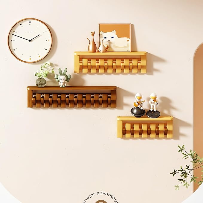 Wall Mounted Coat RackHooks Piano Key Hangers Natural Solid Wood Hanger Non-Woven Fabric Clothes Hangers for Closet, Kitchen, Bedroom, Bathroom, Entryway (Tray Walnut-Beech, 12 Hooks)