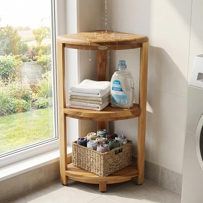 EcoDecors SnazzyCorner Natural Teak Corner Shower 3 Tier Shelf – Bathroom Organizer | Natural Wood Colors | Waterproof Teak Shower Caddy | Bathroom Storage & Organization | 33 Inches Tall