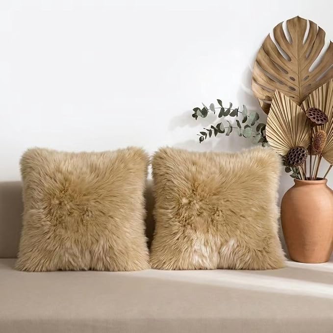 Luxury Soft Fur Sheepskin Fleece Cushion Cover Pillowcase Decorative Throw Pillows Covers, No Pillow Insert, (Khaki Camel, Pack of 2)