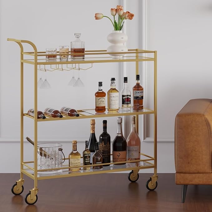 Gold Bar Cart, Home Bar Serving Cart with Handle, Wine Cart with 3-Tier Glass Shelves, Beverage Cart with Wine Rack and Glass Holder, Bar Carts for The Home, Dining Room, Living Room