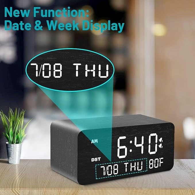 Andoolex Wooden Digital Alarm Clock with Wireless Charging, 0-100% Adjustable Brightness Dimmer and Alarm Volume, Weekday/Weekend Mode, Dual Alarm, Snooze, 12/24H, Wood LED Clock for Bedroom (Black)