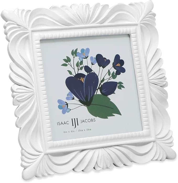 Isaac Jacobs 4x4 White Wave Textured Hand-Crafted Resin Picture Frame with Easel & Hook for Tabletop & Wall Display, Decorative Swirl Design Home Décor, Photo Gallery, Art, More (4x4, White)