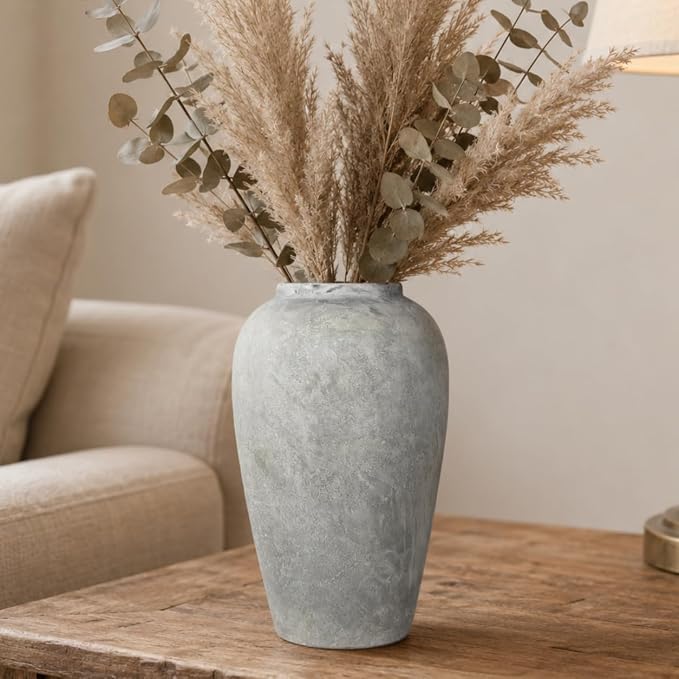 12 Inch Ceramic Rustic Vase, White Grey Farmhouse Flower Vases for Centerpieces & Home Decor, Handmade Pottery Vase for Living Room, Bedroom & Wedding Decor, Vintage Ceramic Vases for Gifts