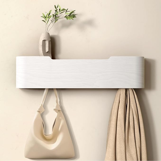 Wall Mounted Coat Rack with Shelf, Wooden Entryway Organizer with Hidden Metal Hooks for Hanging Coats Bags Keys, Modern Floating Shelf for Hallway Bathroom