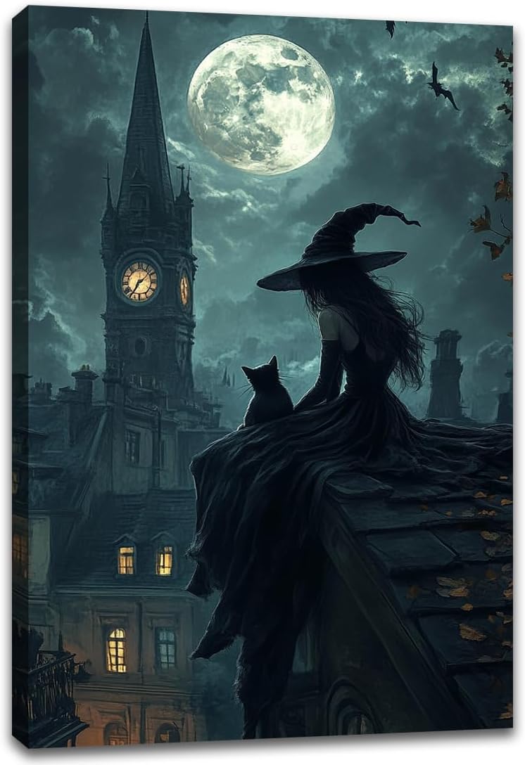 Halloween Witch Black Cat Wall Art,Magical Moon Witch on Roof with Black Cat at Night Scene Painting Haunting Dark Witches Canvas Print for Haunted House Party Decor Poster,8"x12" Framed