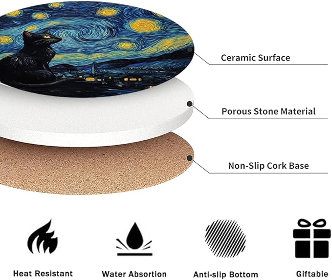 Drink Coasters for Drinks Set of 6, Art and Black Cat Absorbent Round Ceramic Stone Mat Coaster, with Cork Base and Metal Holder, Home Bar Decor House Warming Gift