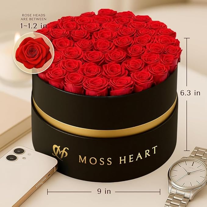 50 Petite Preserved Roses, Designer Round Box, Real Forever Roses Last 1+ Year, Premium Gift for Women, Wife, Girlfriend, Mother’s Day, Birthday, Anniversary, Valentine’s Day