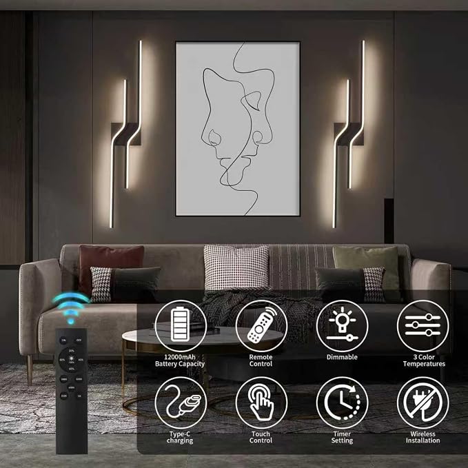 Modern Battery Operated Wall Sconces,12000mah Wireless Wall Sconces with Remote,31.5 Inch Rechargeable Black Wall Lights for wall Decor,Dimmable LED Wall Lamps for Living Room,Bedroom,Hallway