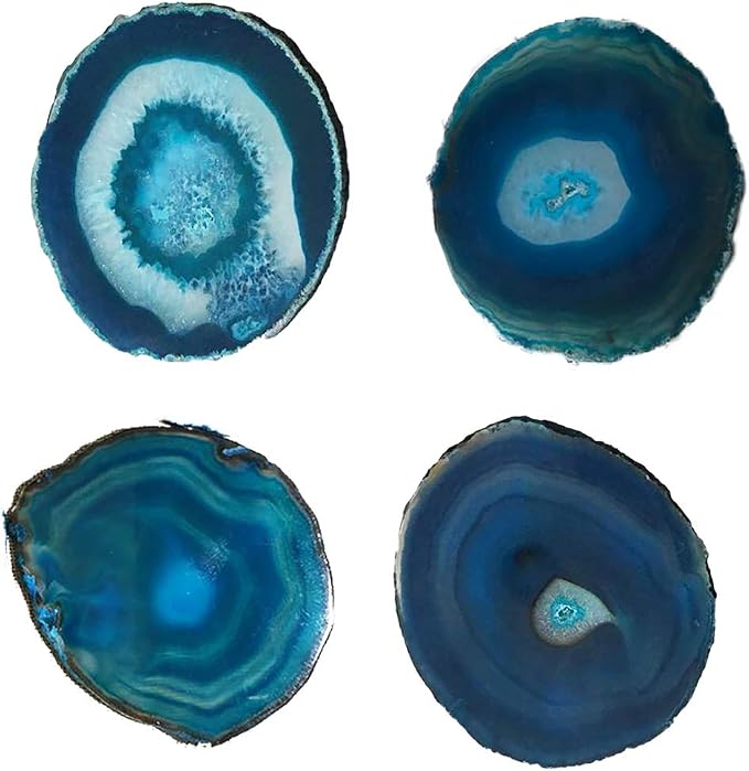 JIC Gem Dyed Teal 3-3.5" Agate Coaster Sliced Small Natural Agate Coaster for Drinks Cup Mat with Rubber Bumper Set of 4 Home Decor
