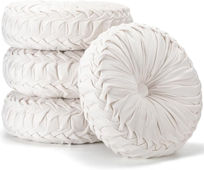 Beeveer 4 Pcs Round Throw Pillows 15 Inch Decorative Velvet Pleated Pumpkin Pillows Boho Floor Pillow with Center Button for Living Room Couch Chair Bed Sofa Home Decoration (Ivory)