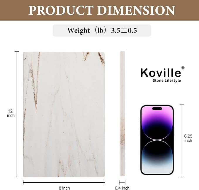 Koville Marble Cutting Board for Kitchen, 12" x 8" Real Stone Slab Marble Cheese Board for Home Decor, Stone Pastry Boards Cutting Boards Candle Plate (White/Brown Random)- Palissandro Classico