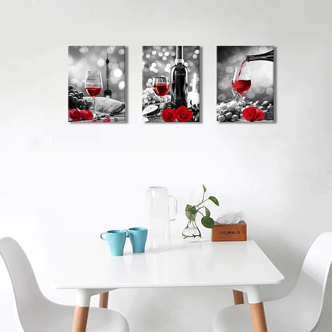 Wine Decor Kitchen Canvas Art Red Wine Rose Artwork for Home Walls Black and White With Red Wine Painting Printed Rose Art Dining Room Decor Red Kitchen Pictures Wall Decor Stretched 12x16inches x3pcs