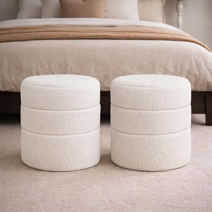 HomePop Upholstered Round Ottoman (No Lid, Seat Only) | HomePop Home Décor | Round Pouf Foot Rest – Cream Boucle