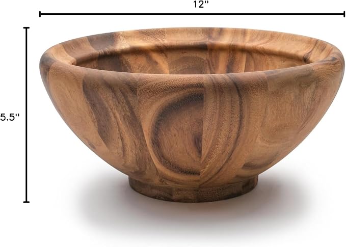 Ironwood Gourmet Acacia Wood Salad Bowl, Large 12" x 5" Salinas Fruit and Salad Bowl