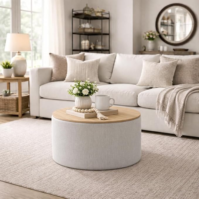 HomePop Storage Ottoman with Wood Grain Top - Light Gray Textured Woven
