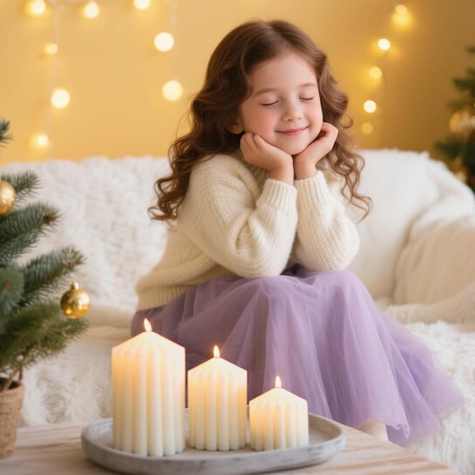 6 Sets Ribbed Pillar Candles 2.8, 4.2, 5.1 Inches Heights Romantic White Soy Wax Scented Ribbed Candles for Home Decoration Birthday Gift