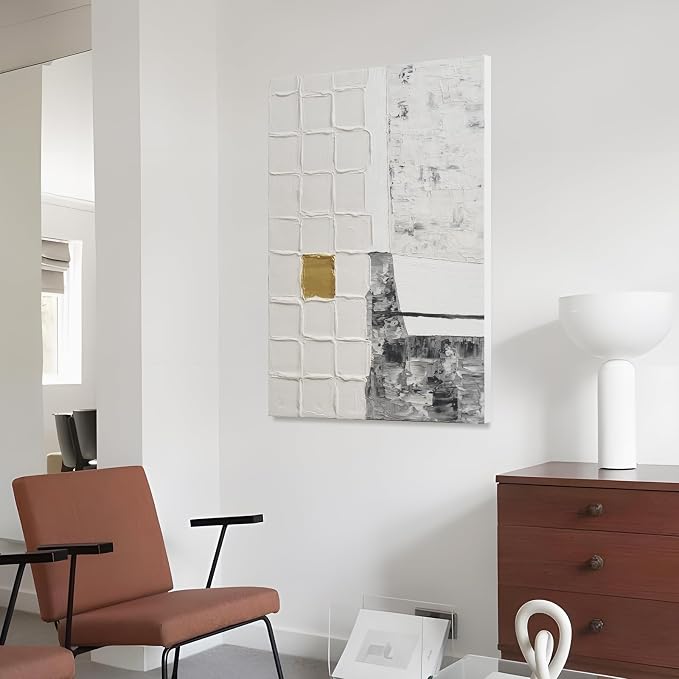 Modern Textured Abstract Blocks Wall Art, Gray White Oil Painting Artwork | Minimalist Neutral Hand-Painted Canvas Wall Art, Large Vertical Wall Decor for Living Room Bedroom 24x36 Inch, Ready to Hang