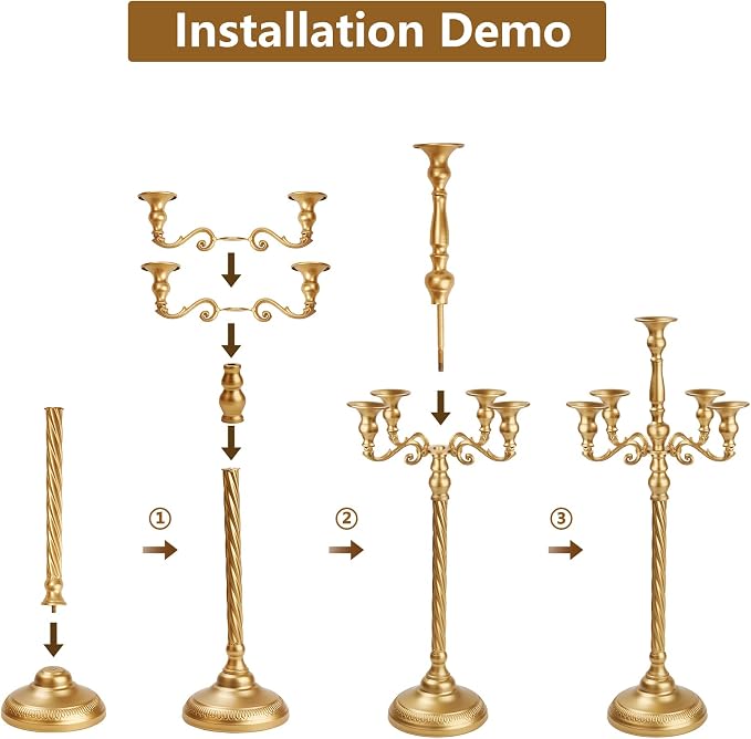 Tall 5 Arm Gold Candelabra Centerpiece for Table, 24.8'' Metal Candle Holder, 2 Pcs Retro Candelabra Table Centerpieces for Party, Events, Home, Wedding Decor