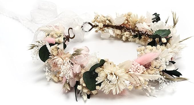Preserved Natural Dried Flower Crown Rustic Wedding Wreath Headband Pink and White Bohemian Floral Hair Garland for Children Kids Family Photo Shoot,Birthday Party Little Bridesmaids Flower Girls