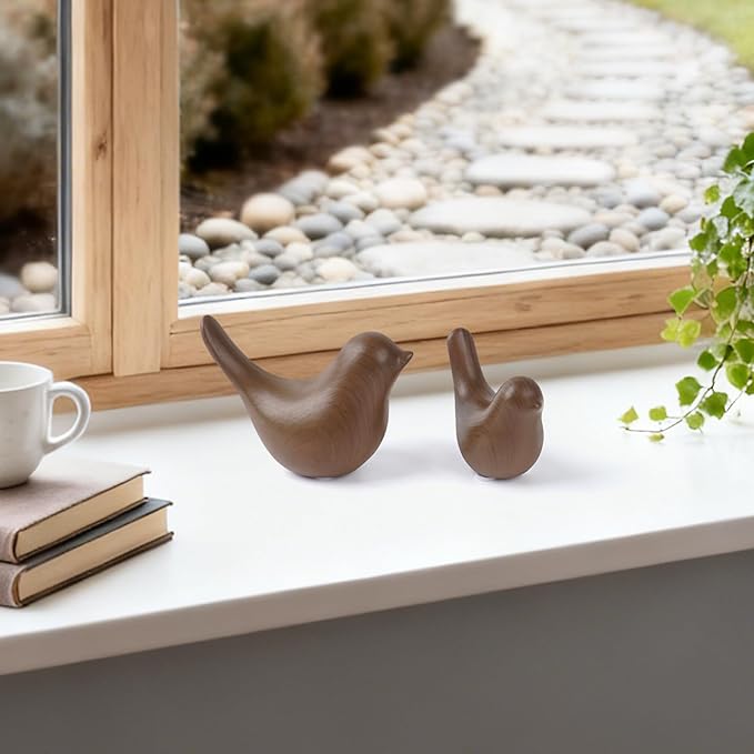 2 Pcs Ceramic Small Bird Figurines Modern Animal Statues for Home 、Room Decor and Bedroom Decor and Bookshelf Display (Dark Wood Grain)