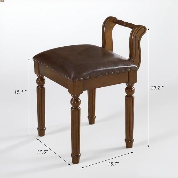 Leather Ottoman Vanity Stool,Brown Chair for Makeup Room,Upholstered Fabric Vanity Bench Seat for Bedroom Living Room Dining Room Makeup Chair Piano (Walnut, 23×17×15)