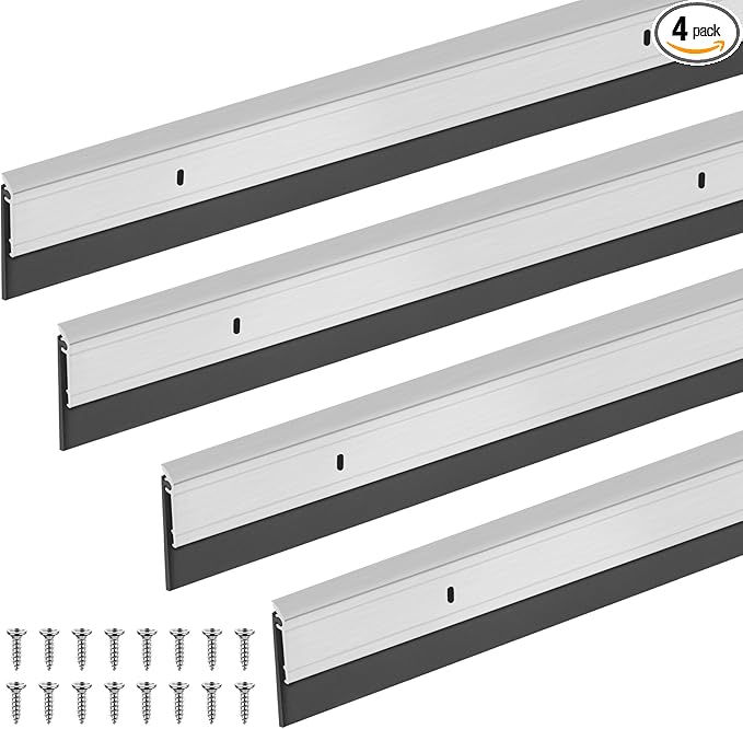 FoldTier 4 Pcs All-Season Door Sweep for Bottom of Door Exterior and Interior, Aluminum Alloy and Rubber, Commercial Weather Stripping Draft Stopper for Threshold Seal (1-3/4 x 48 Inch,Silver)