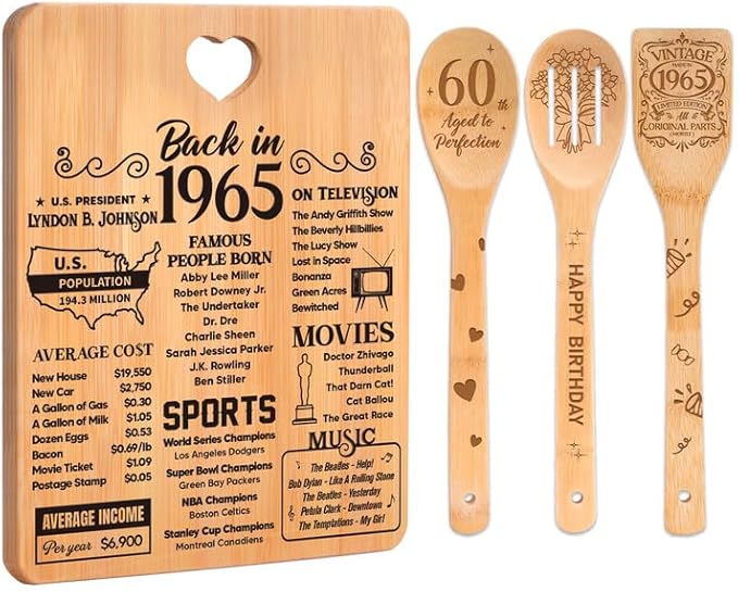 60th Birthday Gifts for Him Her- "Back in 1965" 60th Birthday Gifts for Women Cutting Board, Bamboo-Made Engraved "Year 1965 News" 60th Birthday Gifts