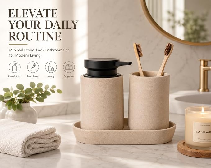 Clasin Home 3 Pcs Bathroom Accessories Set, Liquid Soap Dispenser with Large Pump, Toothbrush Holder Cup and Soap Dish, Sandstone Texture Bathroom Counter Set for Modern Home (Beige)